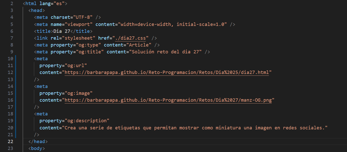 Ejemplo de código de cómo podemos agregar metadatos usando Open Graph