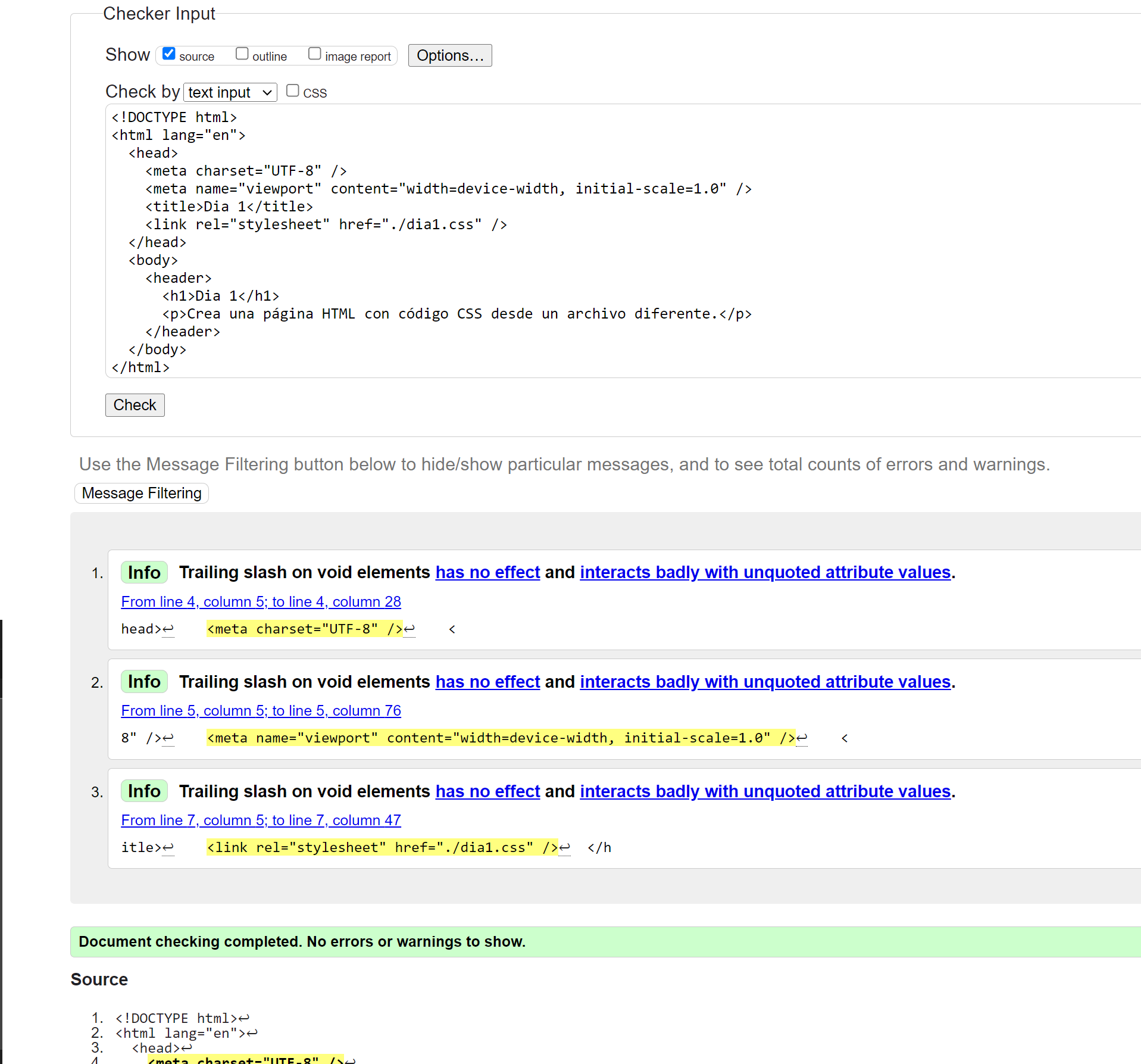 captura de pantalla del resultado de la validación, día 1