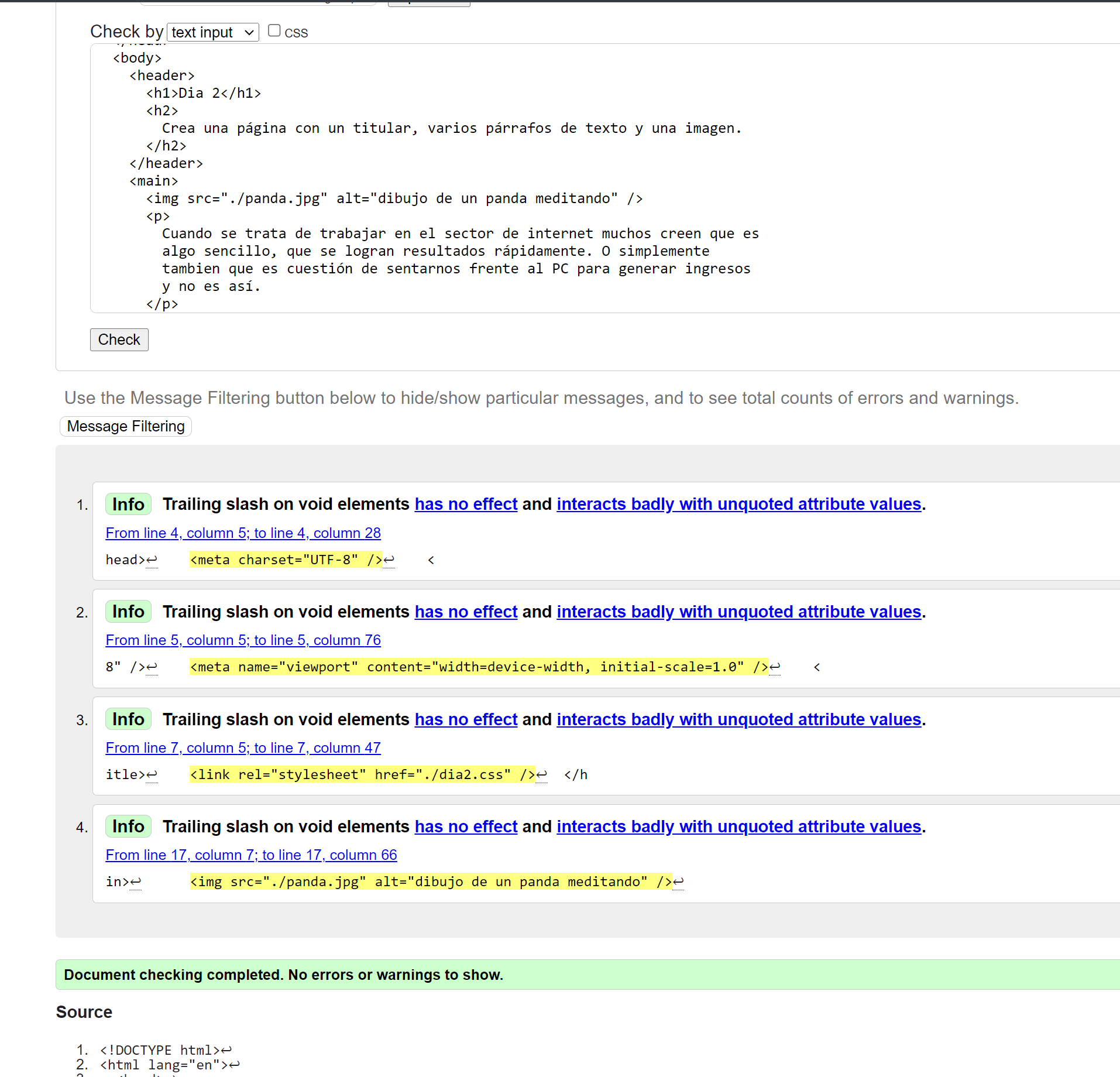 captura de pantalla del resultado de la validación, día 2