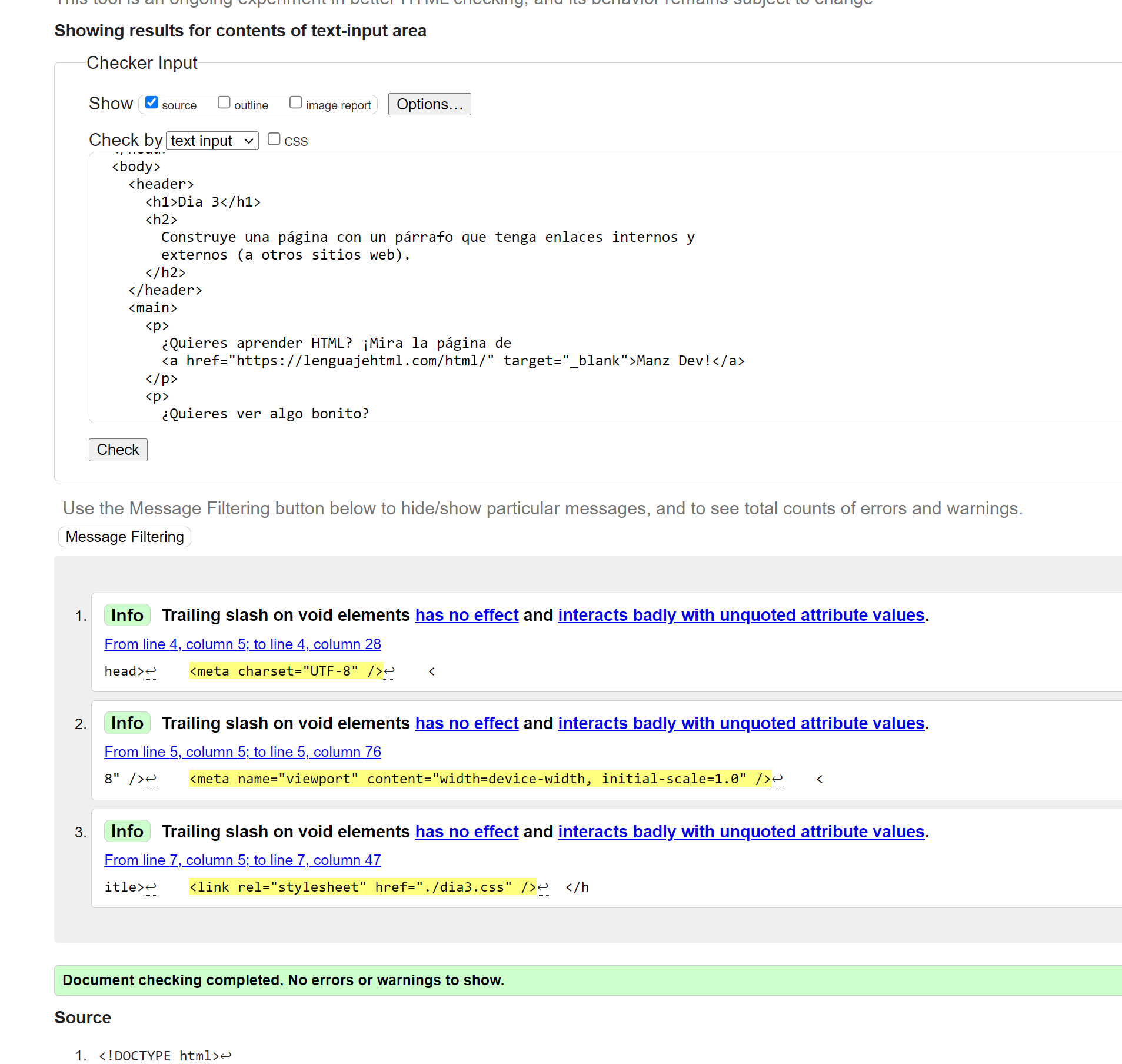 captura de pantalla del resultado de la validación, día 3